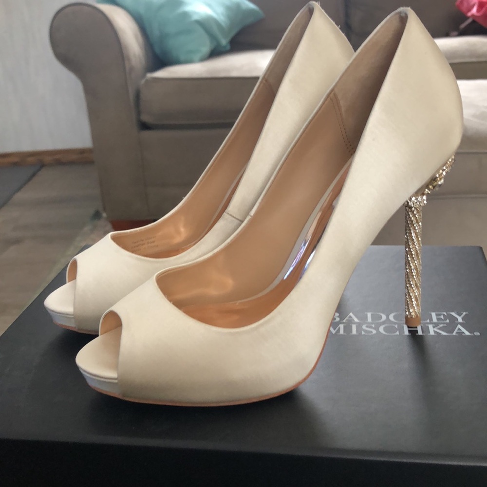 Badgley Mischka jeweled satin pumps